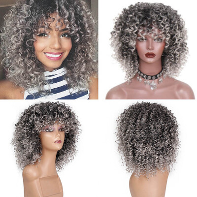 

Tailored hort Afro Curly Mix Gray Hair Wig with Bangs Synthetic New Arrival Cheap Wigs