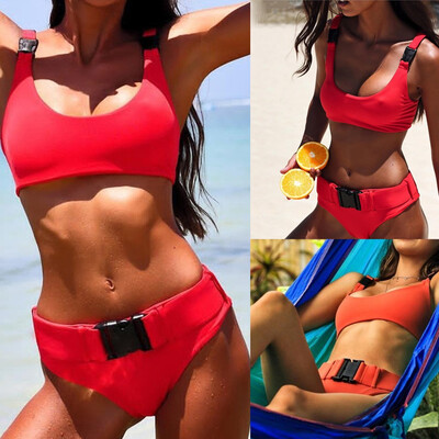 

Roseonmyhand Women Sexy Leopard Print Swimwear Belt Buckle Suit Beachwear