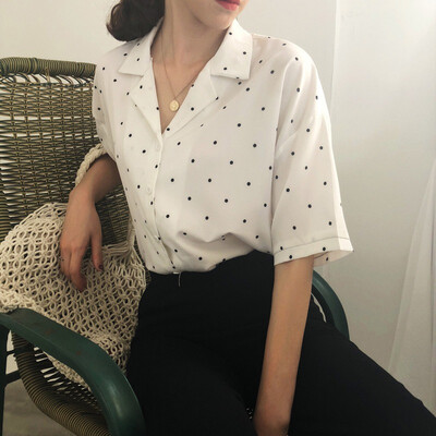 

Office Lady Tops And Blouses Fashion New Women Summer Short Sleeve Blouse Polka Dot Womens Turn Down Collar Casual Short Tops