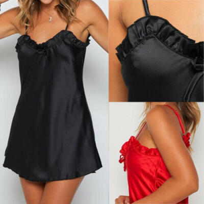 

Sexy Women V-Neck Backless Nightgown Frill Lace Satin Bowknot Sleepwear Dress