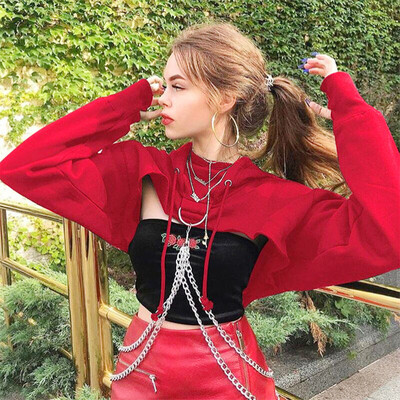 

Starmoon Women Gothic Punk Long Sleeve Hooded Sweatshirt Casual Blouse Pullover Crop Top