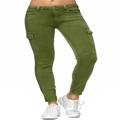 

Tailored Women High Waist Solid Jeans Button Side stand Pockets Trouser Pencil Pants