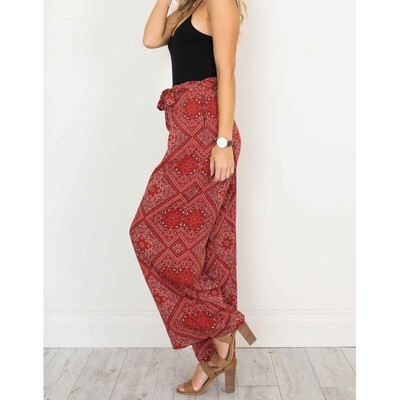 

Boho Women Pants Contrast Floral Paisley Print Straight Wide Legs High Waist Ethnic Trousers Red