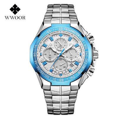 

WWOOR 8868 Men Quartz Watch Stainless Steel Band Fashion Multifunction Wristwatch 5ATM Luminous Display Chronograph Calendar Date