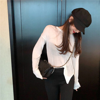 

Loose round neck long sleeve solid color thin section knit bottoming shirt sweater female 2018 autumn new style