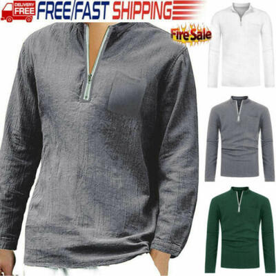 

Men Linen Long Sleeve Slim Shirt Summer Cool Loose Casual Shirts Tops NEW -2XL