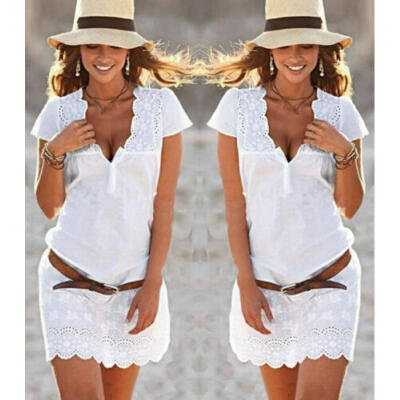 

Women Fashion White Sleeveless Hollow Out Party Beach Short Mini Dress Plus Size