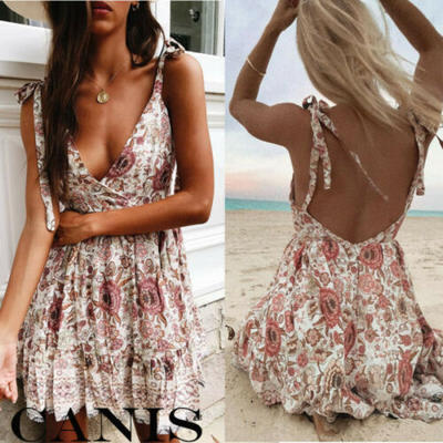 

UK Women Sleeveless Wrap Boho Floral Mini Dress Ladies Summer Sundress Holiday