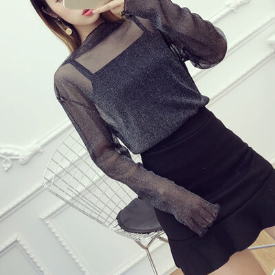 

Sexy See Through Blouse 2017 Summer Women Transparent Mesh Stand Neck Long Sleeve Sheer Shirts Ladies Tee Tops S3