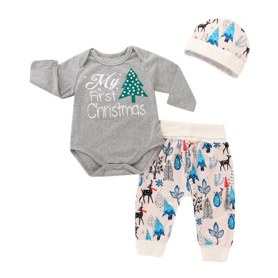 

Hot Infant Baby Romper Set Clothing Newborn Baby Boy Girl JumpsuitPantsPrint Hat Xmas Outfit