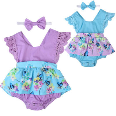 

US Baby Girl Kids Clothes Floral Romper Tutu Dress Headband Jumpsuit Outfit Set