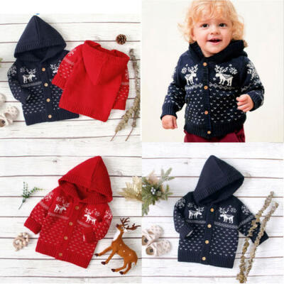 

US Xmas Kids Baby Girls Boys Hooded Knitted Warm Coat Sweater Jacket Outwear