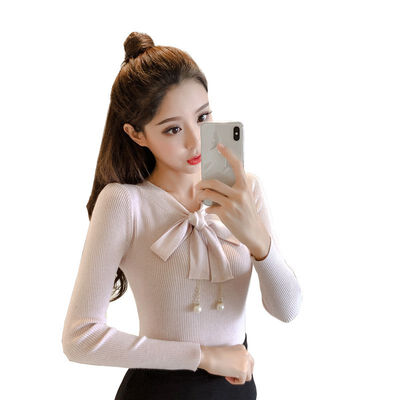 

Women Autumn Knitted Bow Sweater Round Collar Slim Solid Long-Sleeved Casual Wild Bottoming Tops Sweet Sweaters Tops Female