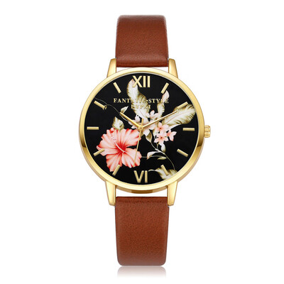 

Featured Womens Watches Scale Golden Border Dial Ladies Quartz Wristwatch Flower Pattern Leather Strap Clock Reloj Mujer