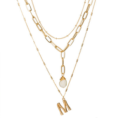 

Women Gold Color Imitation Pearls Shell Layered Necklace Jewelry Boho Long Initial Letter Pendant Necklace