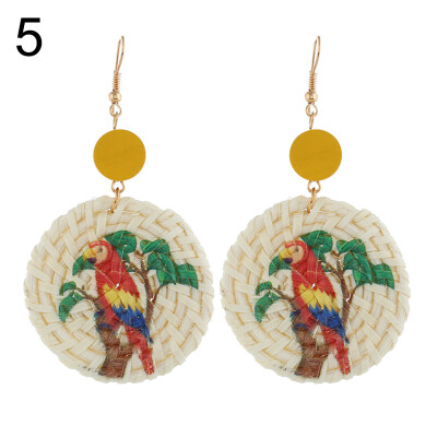 

Dolphin Seahorse Parrot Pattern Round Rattan Charm Lady Statement Hook Earrings