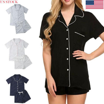

US Women Sleepwear Sexy Short Sleeve Pajama Set Two Pieces Summer Nightwear