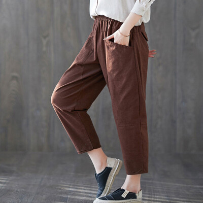 

Fashion Womens Solid Cotton&linen Pocket Elastic Waist Loose Trousers Pants