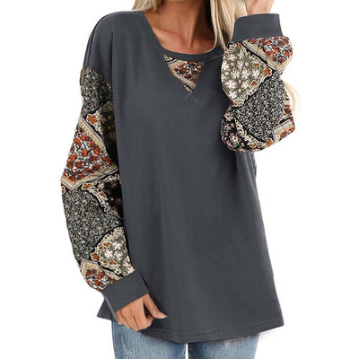 

2019 Autumn Women Fashion Casual Printing O-neck Lantern long sleeve Loose T-shirt