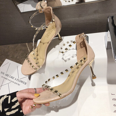 

Sandals Girl Xia Baitao One-word Button Rivet Sexy High-heeled Shoes Cat-heeled Girl Transparent Fairy Trend