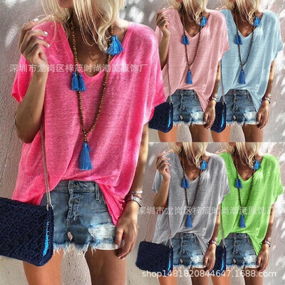 

AliExpress Amazon Explosion Women 2019 Summer Candy V-neck Loose Short Sleeve T-Shirt Fluorescent