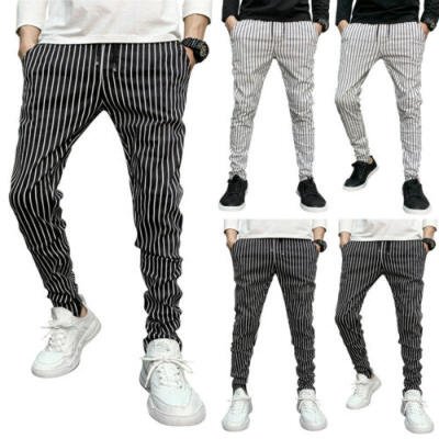 

Mens Stripe Skinny Harem Trousers Pants Joggers Jogging Slim Fit Casual Bottom