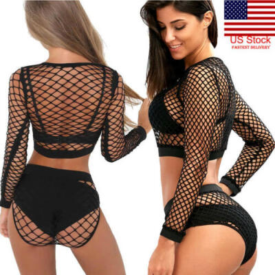 

US Women Sexy Long Sleeve See-Through Mesh Fishnet Crop Top T-Shirt & Shorts Set