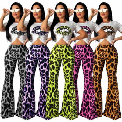 

Womens Leopard Flare Pants Bell Bottom High Waist Wide Leg Pants Trousers -2XL