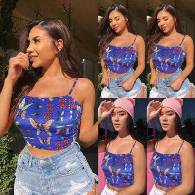 

HOT Women Slim Tank Tops Casual Butterfly Print Crop Top Sleeveless T-Shirt Cami