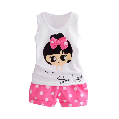 

Summer Baby Girls Sleeveless Cartoon Print Vest TopsShorts Casual Outfits Sets