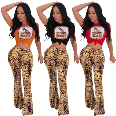 

CM583 cross-border supply source Europe&America fashion leopard print hot drilling beaded flared pants set two-piece Red-3