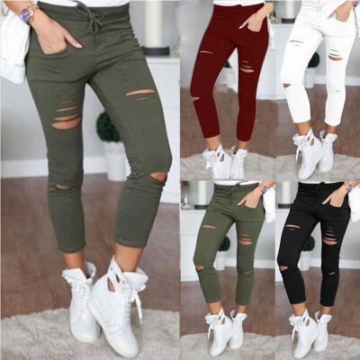 

Women Fashion Skinny Ripped Holes Jeans Pants High Waist Stretch Slim Pencil Trousers