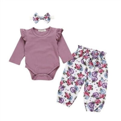 

Autumn Newborn Baby Girl Flower Romper Tops Bodysuit Pants Headband Outfits Clothes Set