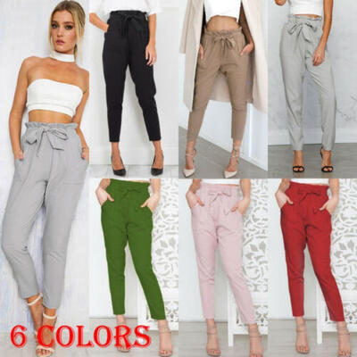 

Women OL Solid Chiffon High Waist Harem Pants Bow Tie Drawstring Pencil Trouser