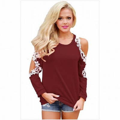 

Round neck long sleeve lace trim lace casual straight top