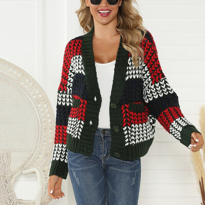 

〖Follure〗Women Patchwork Button Long Sleeve Short Knitted Sweater Loose Cover Up Cardigan