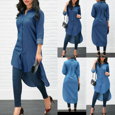 

Womens Blue Jeans Denim T-Shirt Long Sleeve Casual Loose Shirt Mini Dress