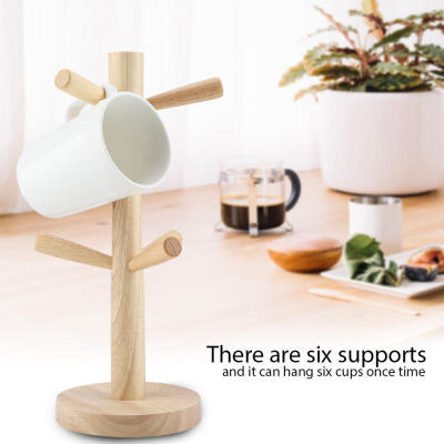 

Greensen Natural Wooden Cup Storage Rack Shelf Holder with Six Supports Drain Cups