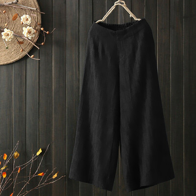 

Women Cotton Linen Casual Wide Leg Elastic Waist Palazzo Culottes Trousers Pants