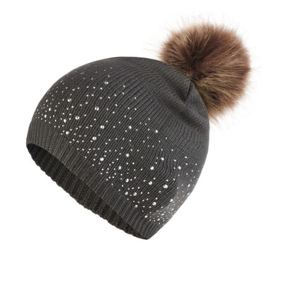 

Tailored Fashion Women Knitting Wool Hemming Hat Rhinestone Keep Warm Winter Fur Ball Cap