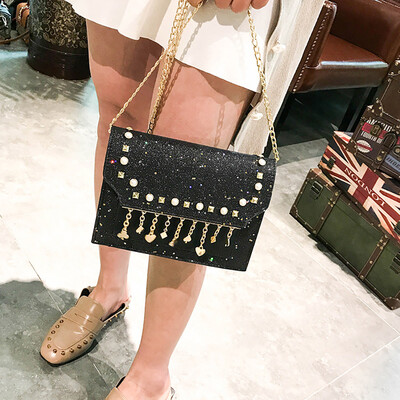 

Tailored Sequin Shoulder Bag Women Bag Pearl Pendant Small Square Bag BK
