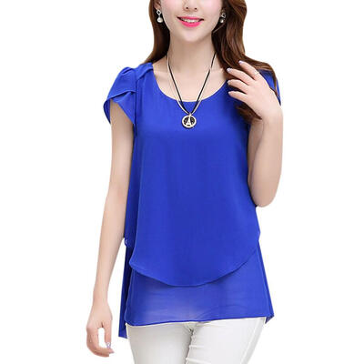 

Women Chiffon Summer T-Shirt Versatile Round Collar Loose Solid Color Short-Sleeved Casual Wild Tops