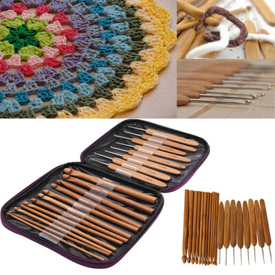 

Gobestart 20Pcs Carbonize Bamboo Crochet Hooks Knitting Needles Craft With Purple Case