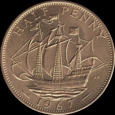 

255mm AUNC Golden Hind Galleon British pre-decimal coin Halfpenny Queen Elizabeth II UK