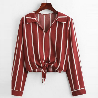 

Tailored Casual Women Blouse Turn Down Collar Long Sleeve Stripe Shirt Up Knot Tied