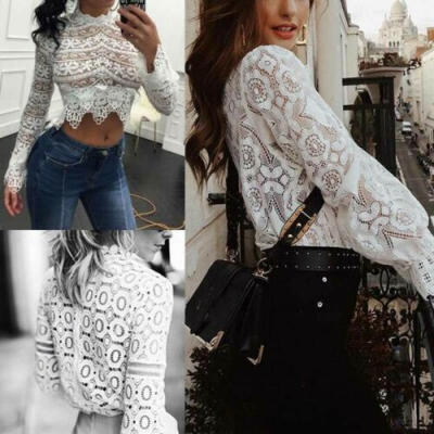 

Fashion Womens Lace Hollow Horn Sleeve Tops Blouse Casual Shirt Pullover White