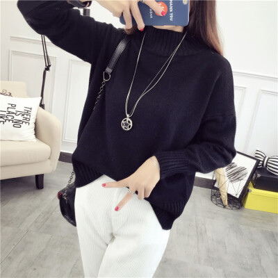 

The new Korean version of autumnwinter 2018 half-high neck pullover womens loose pure color short style leggings knitted sweater