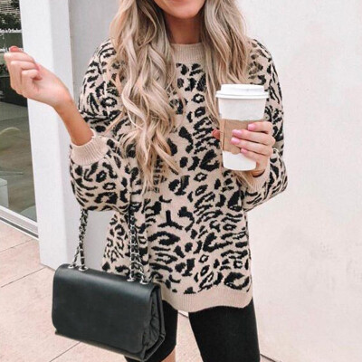 

Tailored Women O-Neck Leopard Print Pullover long Sleeve Loose Knitted Sweater Tops