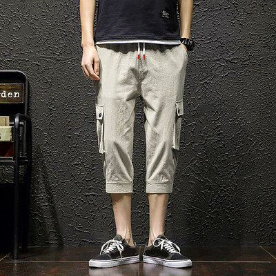 

Tailored Mens Summer Fashion Leisure Pure Color Pockets Linen Loose Calf-Length Pants