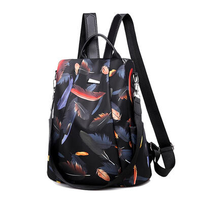 

Feather Print Backpack Lady Oxford Cloth Waterproof Travel Casual Schoolbag